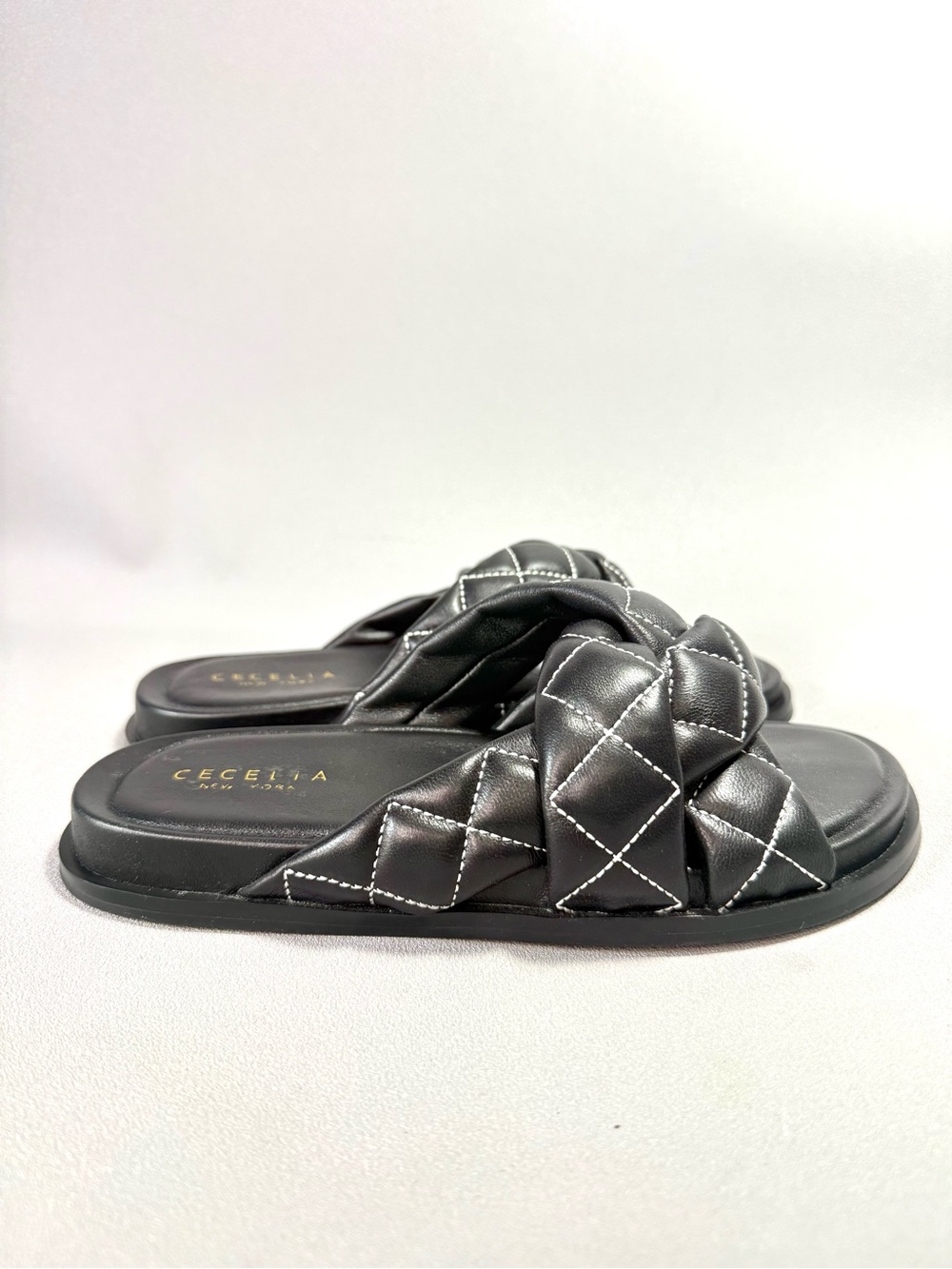 CECELIA NEW YORK Ellie Black Quilted Braided Slide Sandals